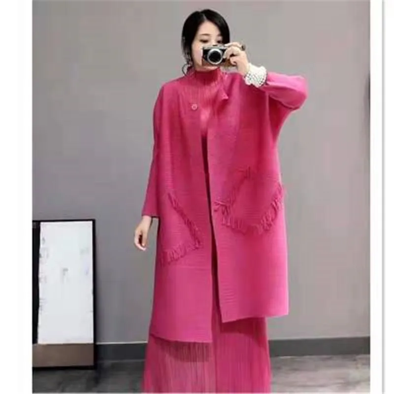 High-Puality Women's Miyake Fold Fringed Long Coat 2020 Spring And Autumn New Wild Over The Knee Trench Coat Creased Cardigan