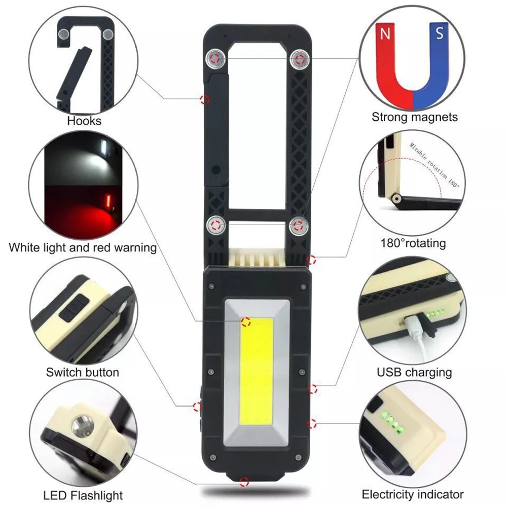 다기능 COB 작업등, USB 충전식 LED 손전등, 180 도 조절 가능한 휴대용 하단 자석 디자인 캠핑 라이트