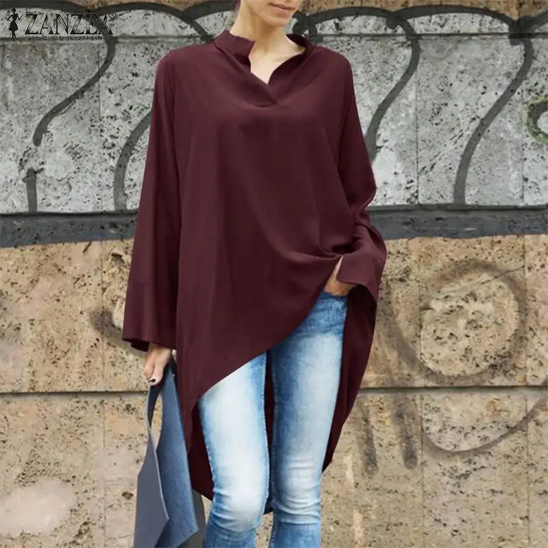 Fashion Asymmetrical Blouse ZANZEA 2023 Women Long Sleeve Autumn Solid Color Vintage Shirt Casual Loose V Neck Tops Long Blusas