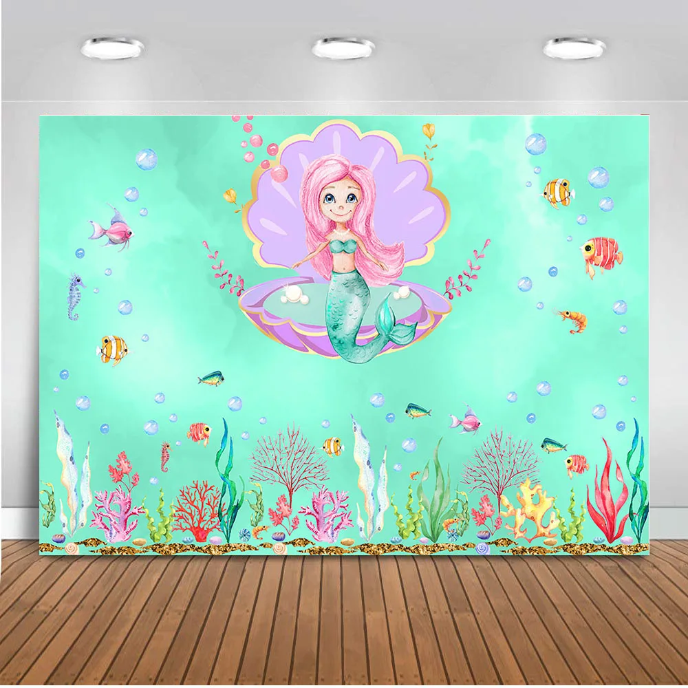 

Mermaid Baby Shower Photography Backdrop Underwater Pearl Shell Birthday Party for Girl Background Photo Booth Banner Decoration