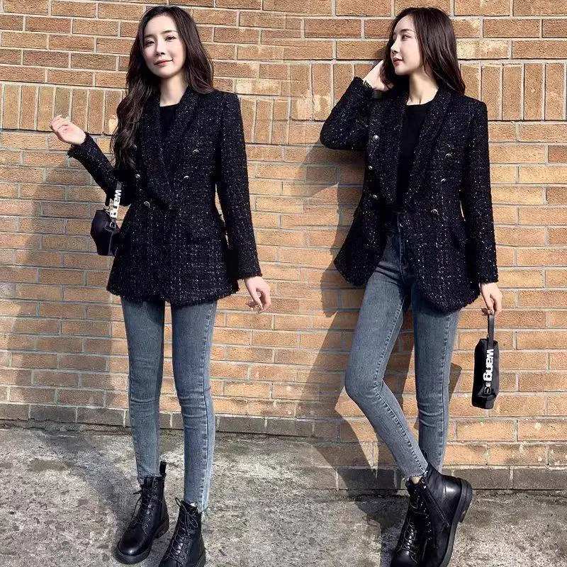 Winter Women Fashion Tweed Double Breasted Black Blazer Coat Vintage Long Sleeve Flap Pockets Female Outerwear Chic Suit Femme