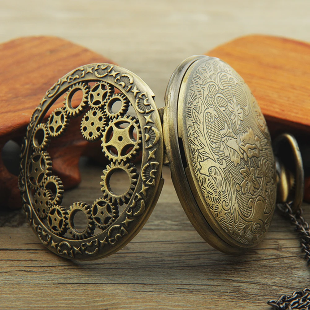 Retro kieszenie zegarek Hollow Gear antyczny wisiorek cyfry arabskie analogowe zegarki kwarcowe zegarek nowy Vintage Bronze Steampunk — zdjęcie 5