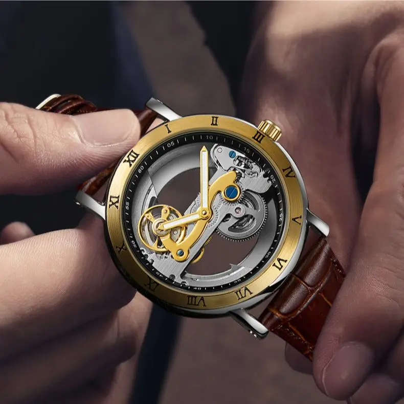 

WLISTH Transparent Skeleton Men's Mechanical Watches Tourbillon Automatic Winding Waterproof Belt Watch Luminous Men Wristwatch