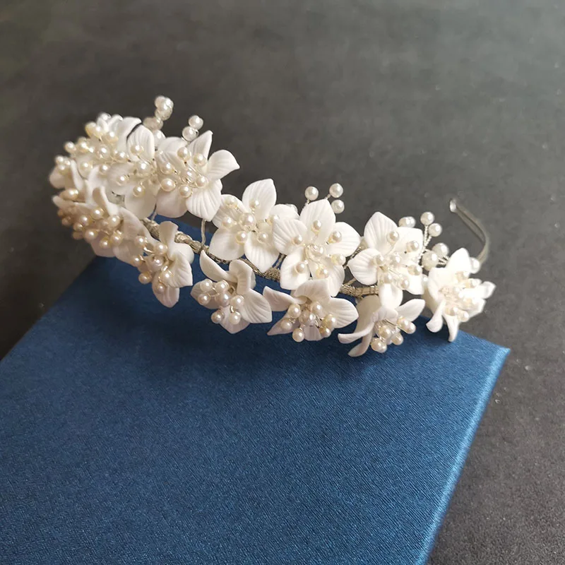 SLBRIDAL Handgemachte Kristall Strass Perlen Keramik Blume Braut Tiara Hochzeit Brautjungfern Party Krone Frauen Mädchen Haar Schmuck – Detail 18