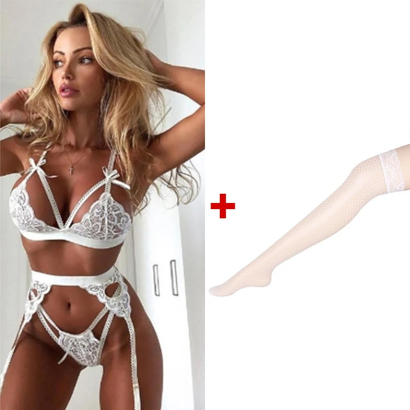 4Piece Women Sets See Through Underwear Set Bra And Panty Set Add Stockings Garter Strapless Bra Set Plus Size Sexy Lingerie