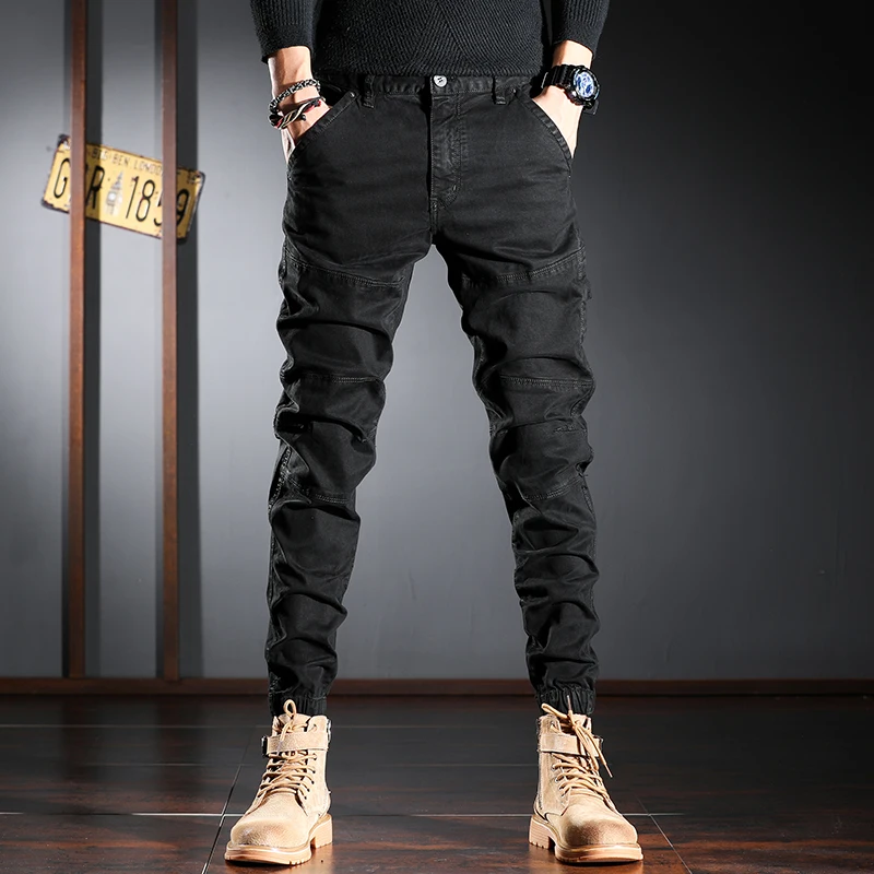 Autumn Men\'s Black Cargo Pants Fashion Casual Cotton Stretch Slim Fit Trousers