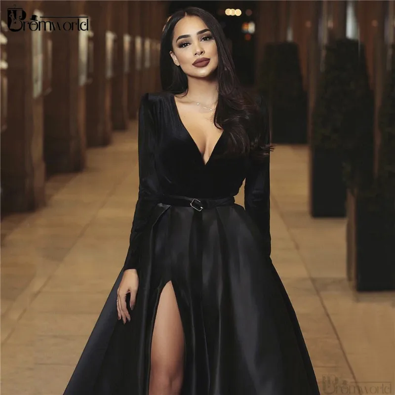 Burgundy Muslim Prom Dresses 2024 V-Neck Velour Satin Formal Dress With Pockets High Slit Elegant Long Sleeve Evening Gowns