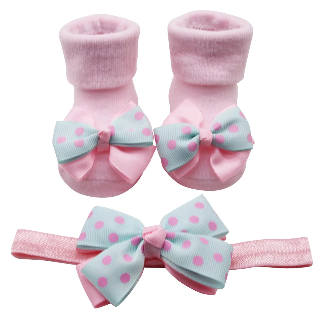 Baby Infant Socks +1PC Hair Belt Toddler Girls Bow Wave Point Non Slip Socks  Newborn Baby Socks Active Baby Keep Warm Clothes