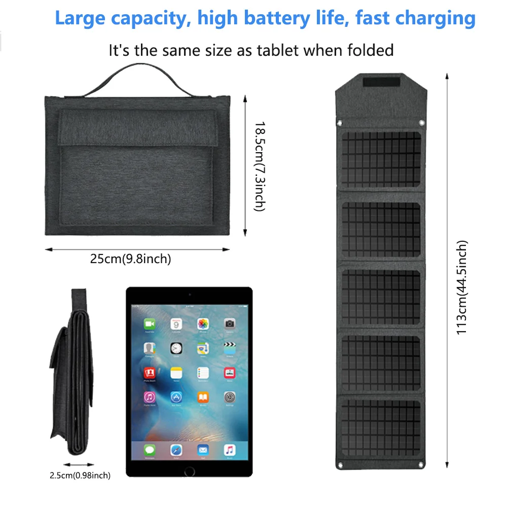 Solar Charger 30W 2USB and 1DC Ports Solar Panels With 5 Foldable Panel Upgrade Has High Conversion(5V/5A Max) Rate Portable Sol