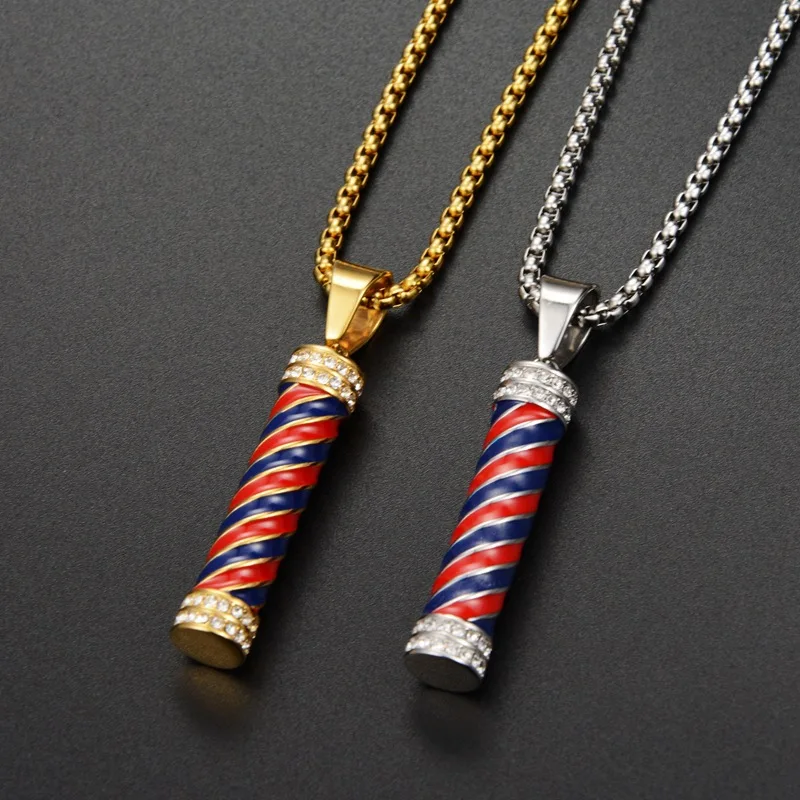 Hip Hop Iced Out Barber Pole Lamp Pendant Necklace For Women Men Gold Color Stainless Steel Chains Hiphop American Jewelry