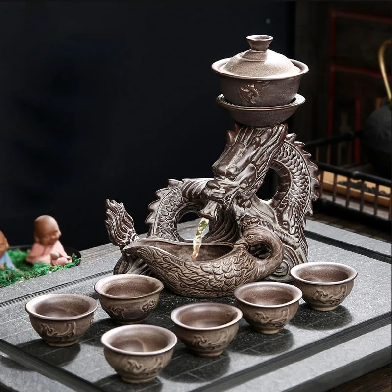 9 pcs / set Ceramics Lazy Man Tea Set Portable stone grinding semi-automatic porcelain Dragon teaware  ceremony supplies