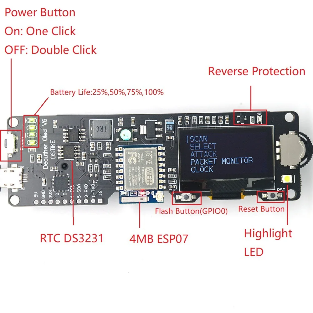 DSTIKE WiFi Deauther OLED V6  ESP8266 Development Board  3 Way Momentary Slide Switch 18650 Battery Polarity 4MB ESP-07