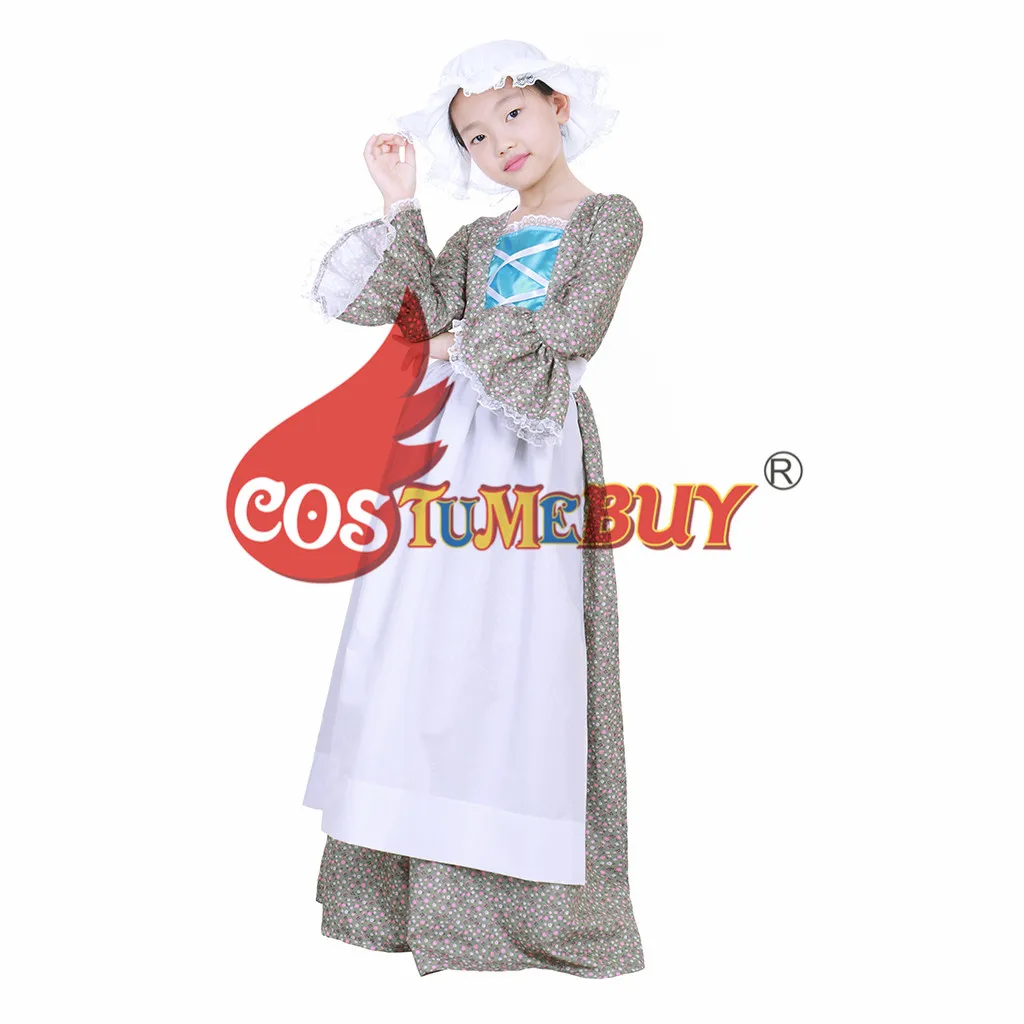Costumebuy Reenactment Pioneer Prairie Colonial Maid Girls Kids Costume Carnival Victorian Medieval Cosplay Child Dress with Hat