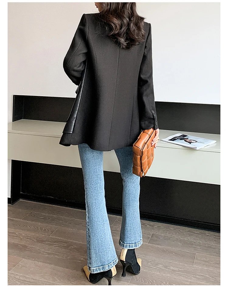 Nerazzurri Autumn Black Wool Blends Patchwork Leather Jacket Women with Many Pockets Long Sleeve Korean Fashion Streetwear 2022