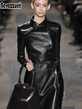 Nerazzurri 여성용 긴 블랙 가죽 트렌치 코트, 2021 긴팔 블렛, 더블 브레스트, 우아한 영국 패션 의류, 가을