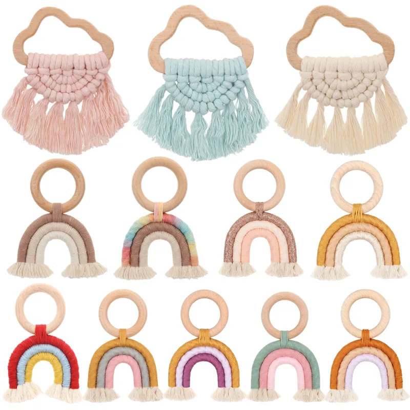 Rainbow Tassel Macrame Wooden Baby Teether Wooden Rattle Ring Newborn Nursing Teether Sensory Molar Toy Baby Shower Gifts
