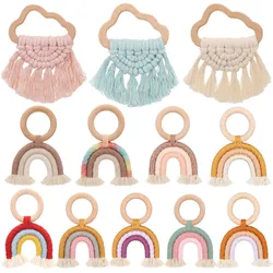 Rainbow Tassel Macrame Wooden Baby Teether Wooden Rattle Ring Newborn Nursing Teether Sensory Molar Toy Baby Shower Gifts