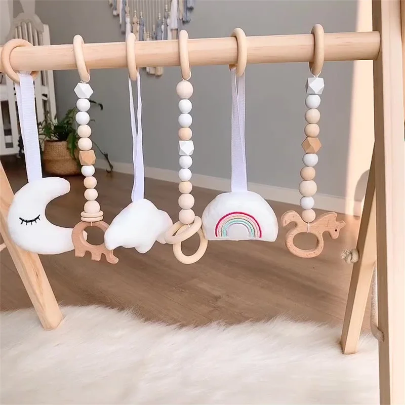 Nordic Rainbow/Cloud/Moon Baby Wooden Rattle Toys Gym Play Rack Hanging Decor Kids Room Hanging Pendant Tent Decor Photo Props