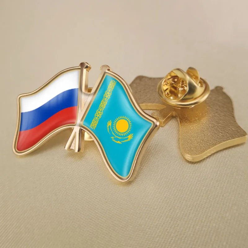 Russian Federation and Kazakhstan Crossed Double Friendship Flags Lapel Pins Brooch Badges