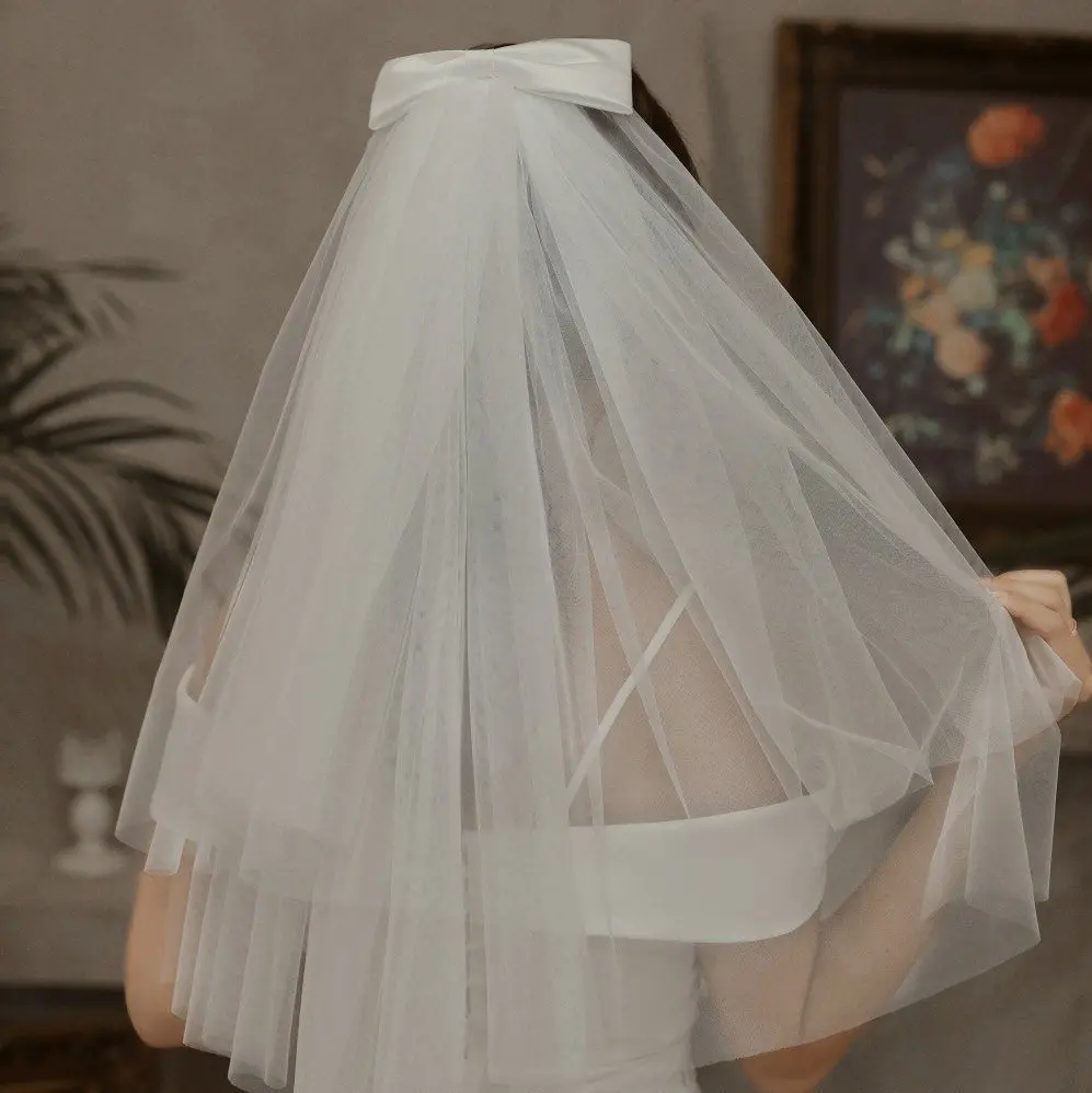 

Women White Color Tulle Bridal Veil Wedding Veil Bow-knot Ribbon Edge For Bride Wedding Party Good Fabric Wedding Accessories