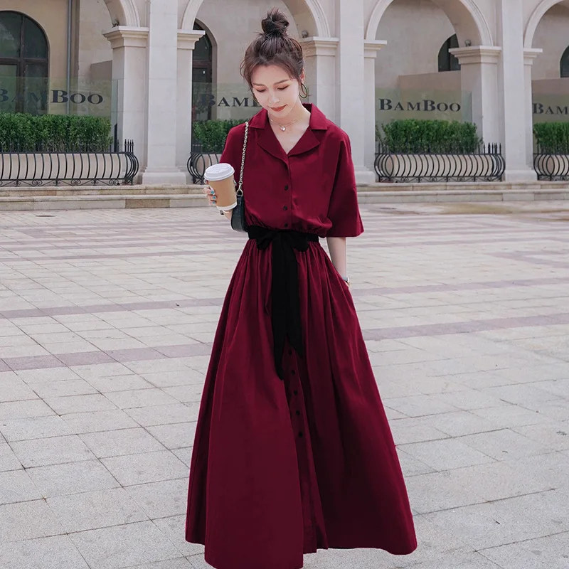 2020 Women Summer Dark Green Elastic High Waist Chiffon Long Shirt Dress Sashes Vintage Elegant A-line Midi Dresses