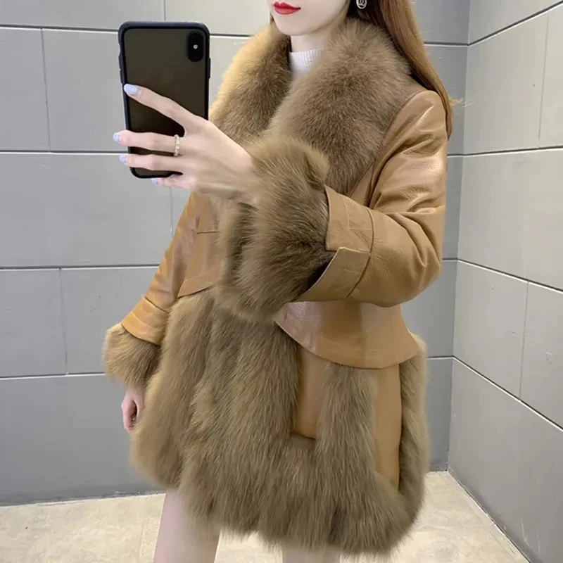 Women's PU Leather Jacket Autumn Winter Women's Faux Fur COat Fur Collar Long Leather Coat Female Outerwear 2024 New