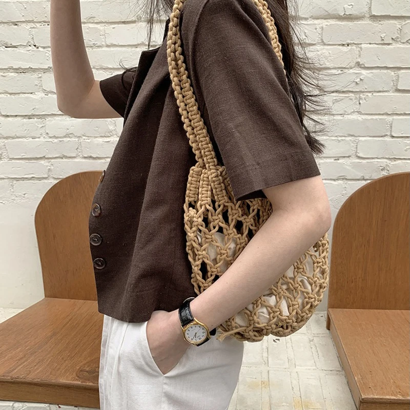 Casual Hollow Straw Bag Rope Woven Women Shoulder Bags Handmade Lady Handbags Summer Beach Small Tote Fishnet Purses 2021