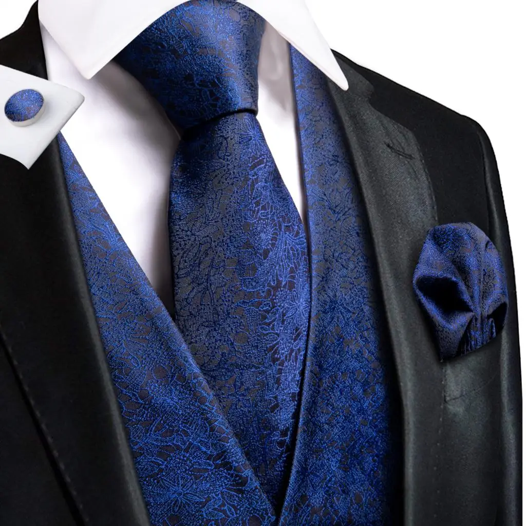 Silk Men\'s Vests and Tie Business Formal Dresses Slim Vest 4PC Necktie Hanky cufflinks for Suit Blue Paisley Floral Waistcoat