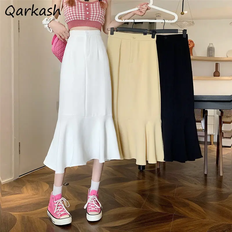 

Skirt Women Mid Calf Solid Sweet Elegant College Summer Classic Trumpet Korean Style Empire Leisure Holiday Popular Soft Mujer