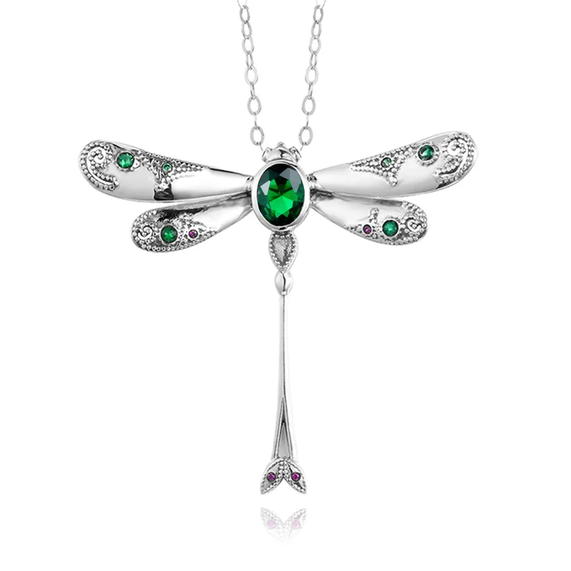 925 Sterling Silver Necklace Pendant For Women Creative Exquisite Dragonfly Pendants Large Emerald Oval Gemstone Vintage Jewelry