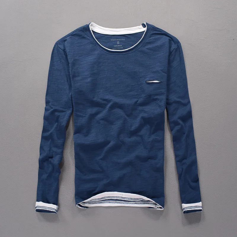 Men's Vintage Bamboo Slub Cotton Long Sleeve T-shirt Fashion O-Neck Male Casual Tee Tshirts Comfortable Soft Tops Fake Pocket