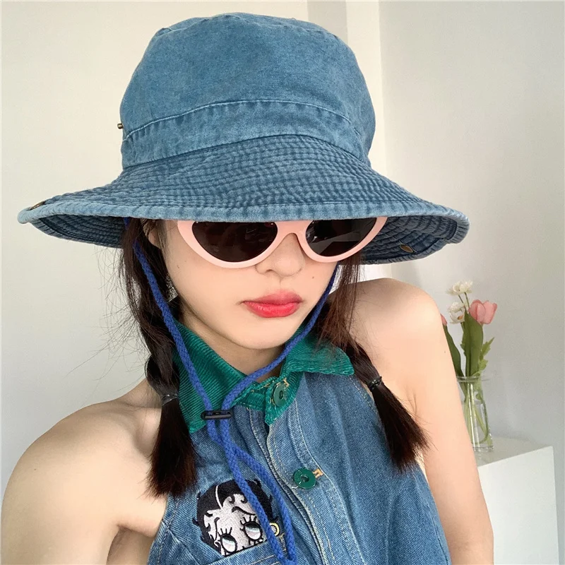 

2022 Vintage Western Cowboy Blue Hat for Women Girl String Adjustable Hat Chapeau Party Gift Outdoor Bucket Hat Fashion Bob