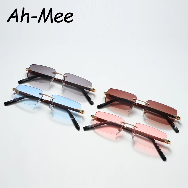 2024 Rimless Sunglasses Women Men Vintage Rectangle Wood Sun Glasses UV400 Driving Eyewear Frameless Gradient Square Shades