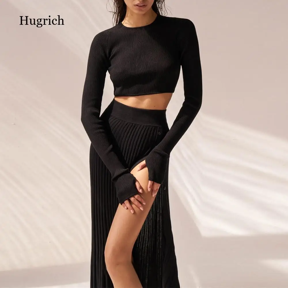 Women Fashion Sweater Suit Solid White Sexy Sweater Knit Long Sleeve Crop Tops Side Buttons Split Pleated Skirt Two Piece Set