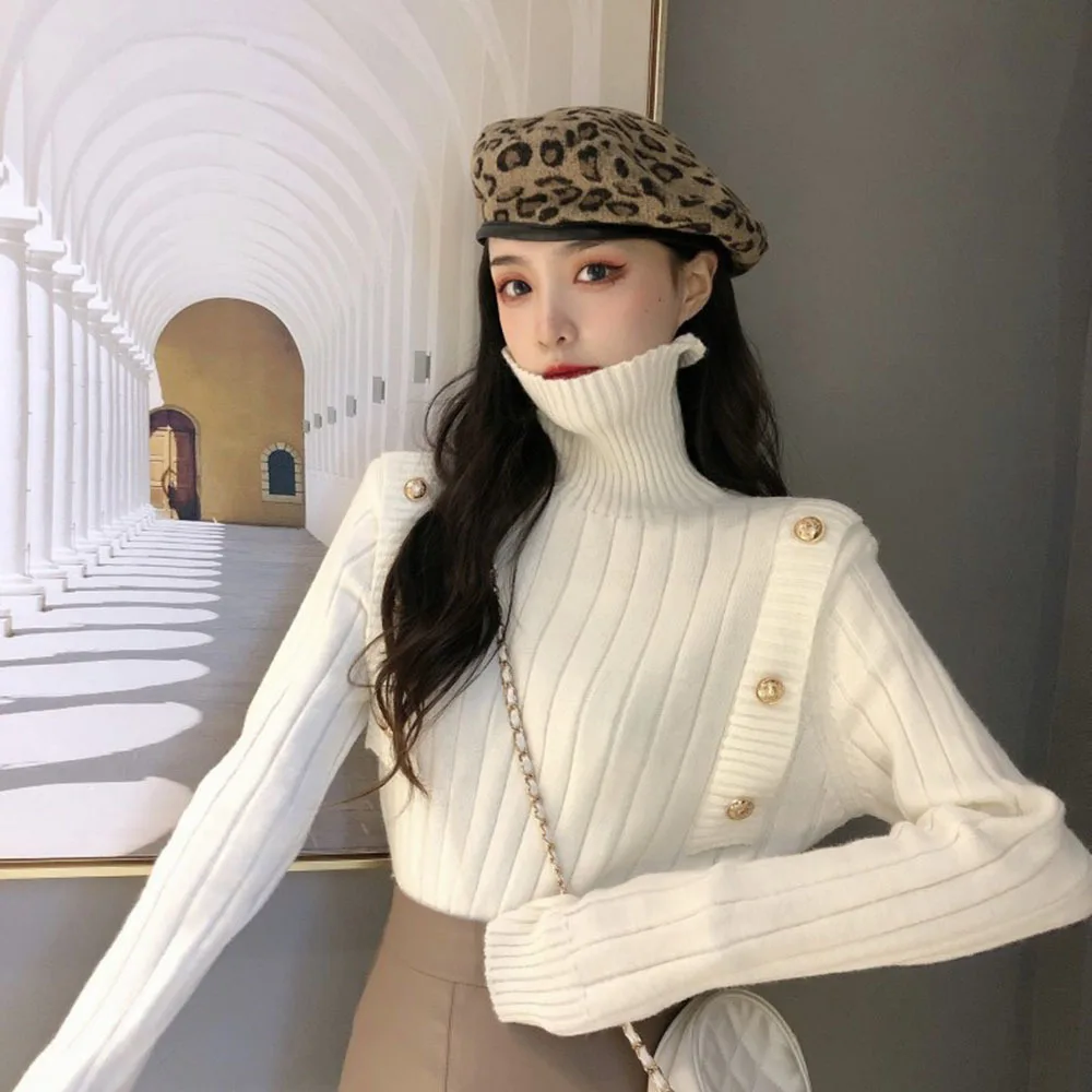 

Vintage Puff Long Sleeve Knitted Sweater Pullovers Solid Buttons O-neck Streetwear Winter Sweaters Tops Jumpers Women