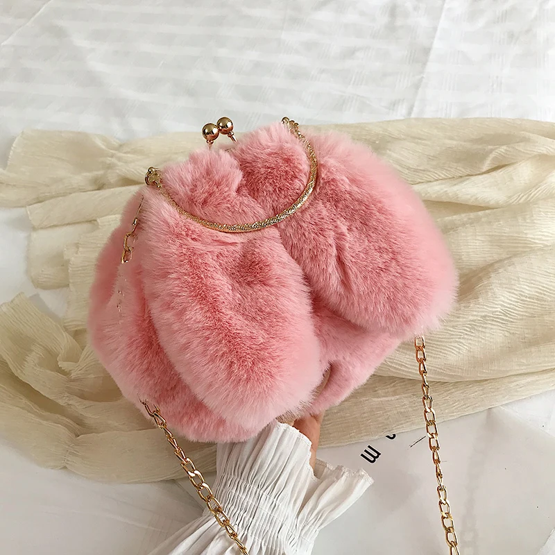 Faux Fur Bag Women Winter Chains Rabbit Shaped Kawaii Girls Princess Trendy Furry Plush Crossbody Bags All-match Casual Soft Ins