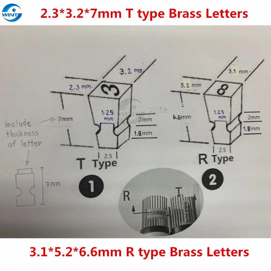 

5.2*3.1*6.6mm R Type 3.2*2.3*7mm And 3.2*5.8*7mm T Type Number English Font Brass Letters For Date Coder Hot Stamp Printer