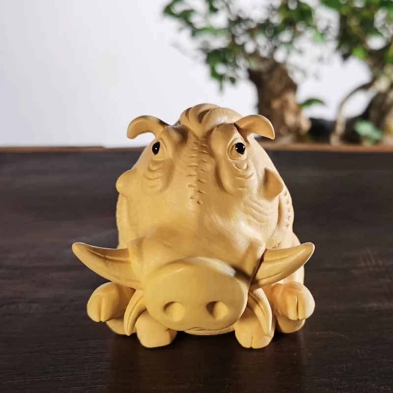 Desert Warthog Sculpture, Boxwood Artistry for Living Spaces, Miniature Crafted Animal Decor, Enthusiasts