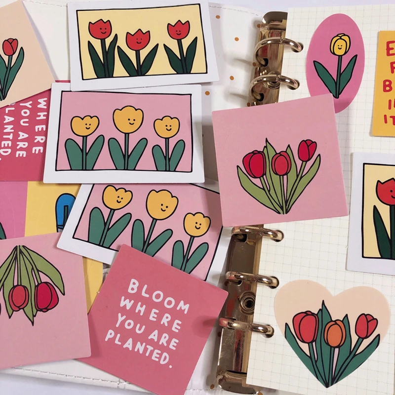 Korean Tulip Series Letters Flower Sticker Diy Hand-painted Simple Mobile Phone Notebook Labels Decorative Sticker Stationery