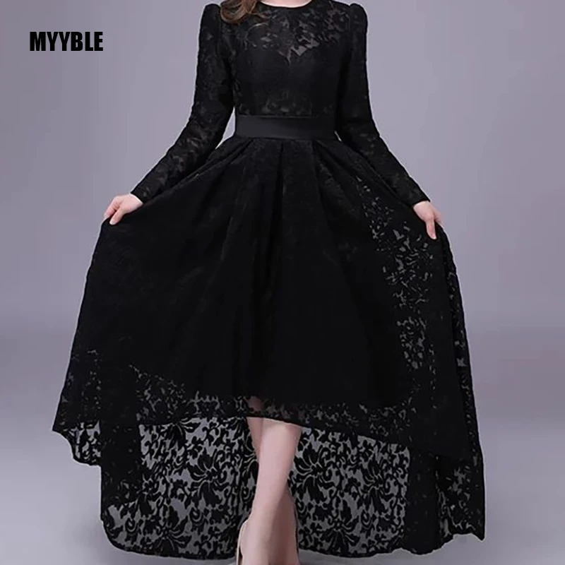 Customized Black Muslim Evening Dresses A-line Long Sleeves Tea Length Lace Islamic Dubai Saudi Arabic Long Elegant Evening Gown