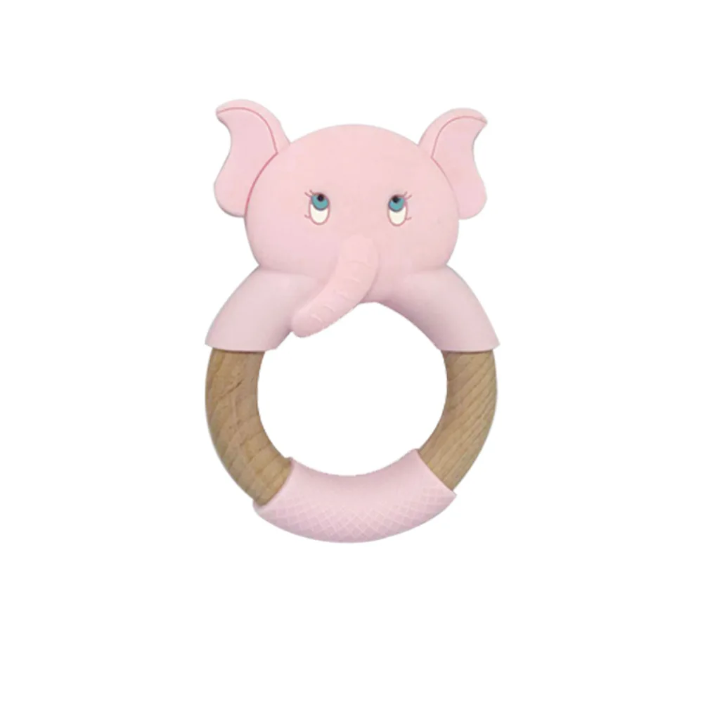 Baby Silicone Teether Cartoon Elephant Teething Toy Beech Wood Ring Infant Comfort Toys