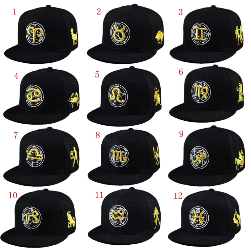 Men Women 12 Constellation Gold Embroider Pattern Flat Visor Cotton Suncap Hip Hop Baseball Cap Adjustable Size Street Style