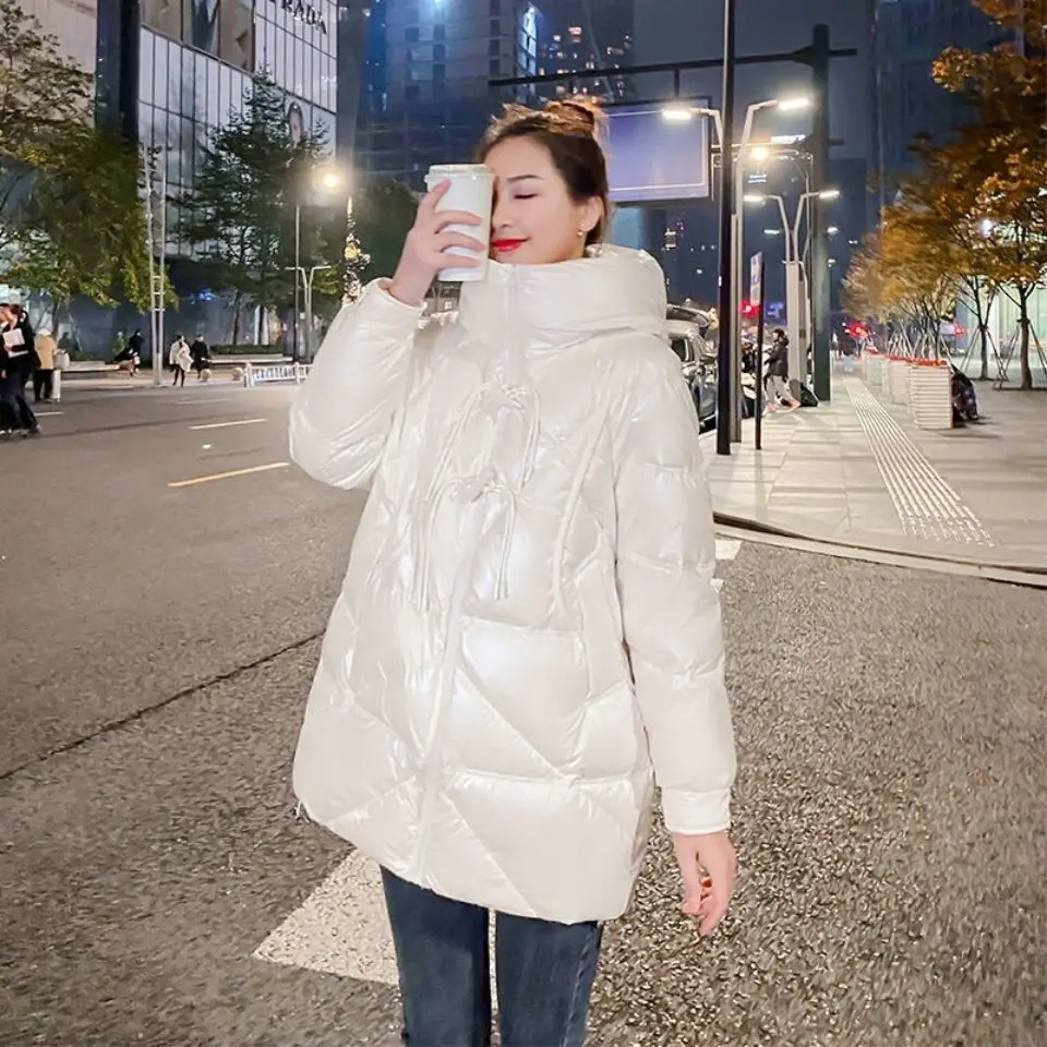 Fashion Winter Women's Shiny Down Jacket 2021 New Style Hooded Drawstring Horn Buckle Winter White Duck Down Loose Coat  KJ2012