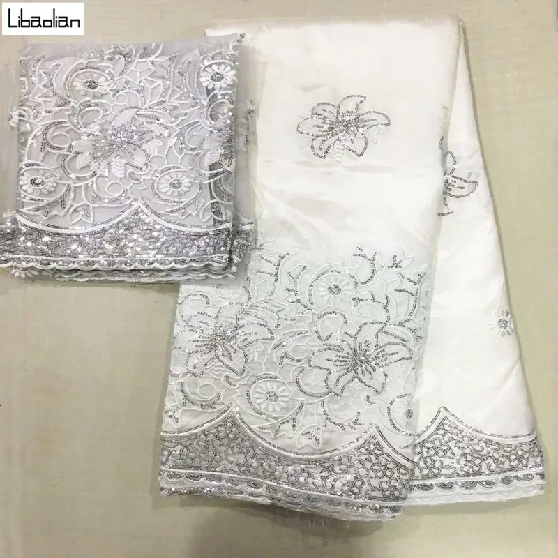 White George Lace Fabric With Blouse 5+2Yards Sets For Wedding Dress Nigerian Embroidery Guipure George Lace Fabric E911-28