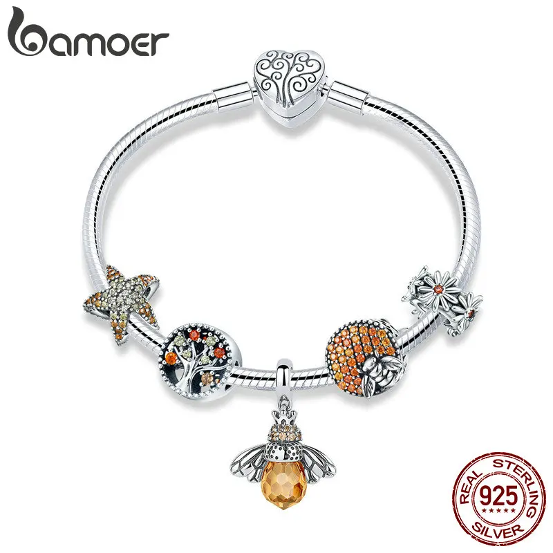 BAMOER 925 Sterling Silver Trendy Insect Bee Pendant Starfish Charm Bracelets Bangles for Women Sterling Silver Jewelry SCB805