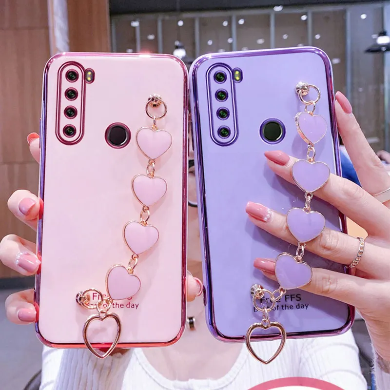 Wrist Bracelet Phone Case For Redmi Note8 Case Luxury Heart Chain Plating Cover Capa Xiaomi Redmi Note 8 7 Pro 8T Soft Silicone