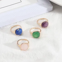 Fashion Pink Rose Quartz Healing Crystal Rings Geometric Gold Plated Purple Blue Green Natural Stone Ring for Women Jewelry Gift