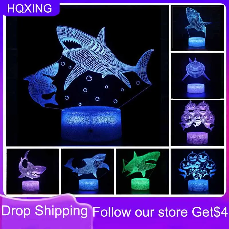 HQXING Sharks Animal Figure 3D Night Light For Home Decor Gift Illusion RGB Lamp Droshipping Wholesale