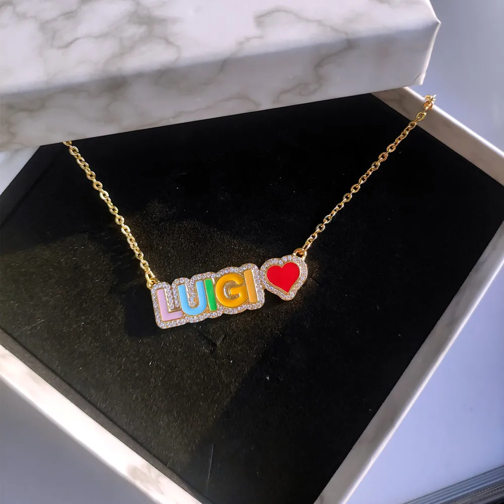 DUOYING Rainbow Pave Outline Enamel Necklace Personlized Custom Enamel Name Necklace Colorful Enamel Nameplate Pendant Jewelry