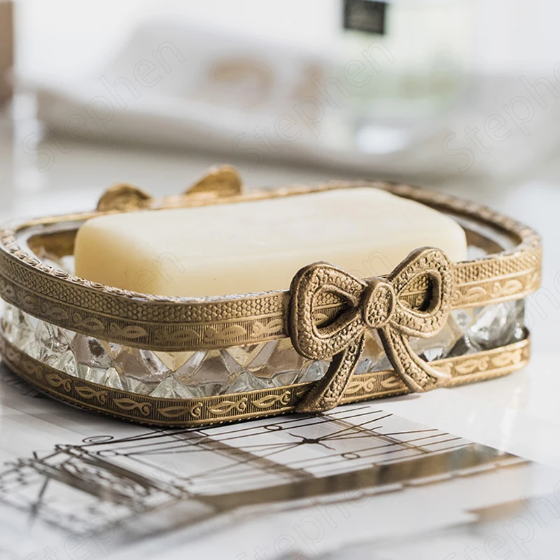 Vintage Carved Brass Glass Soap Holder Pastoral Soap Dish Ornaments Relief Craft Crystal Bow Soap Organizer Bathroom Accessories